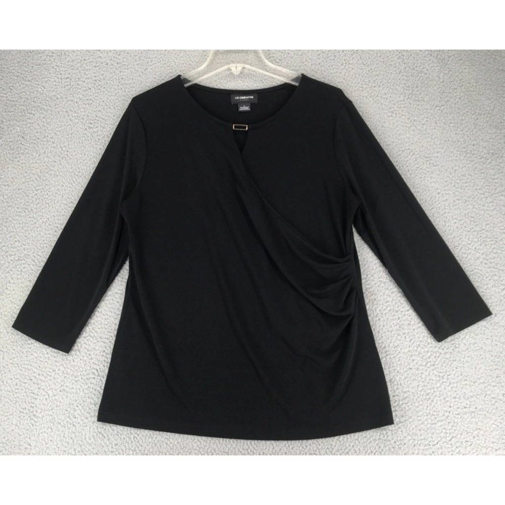 Liz Claiborne Career Top Size L 3/4 Sleeve Runched Faux Wrap Black